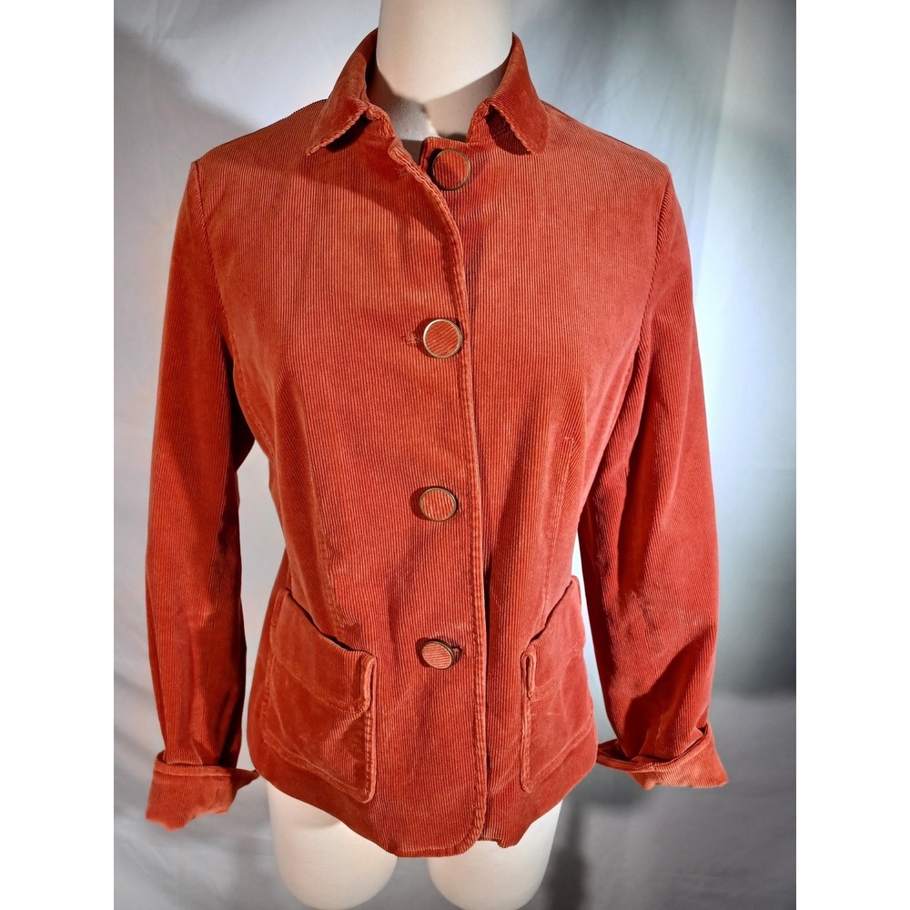 Talbots Jacket Womens 12 Orange Corduroy Button Front Collared Lined Pockets